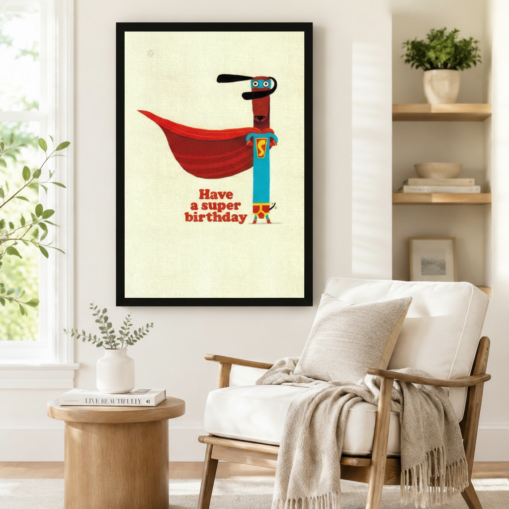 Black framed retro funny superhero dachshund Have a Super Birthday canvas art showing a slim brown dachshund in a teal superhero suit with a dramatic red cape and blue eye mask on a vintage cream background, displayed beside a white linen armchair in a cozy reading nook