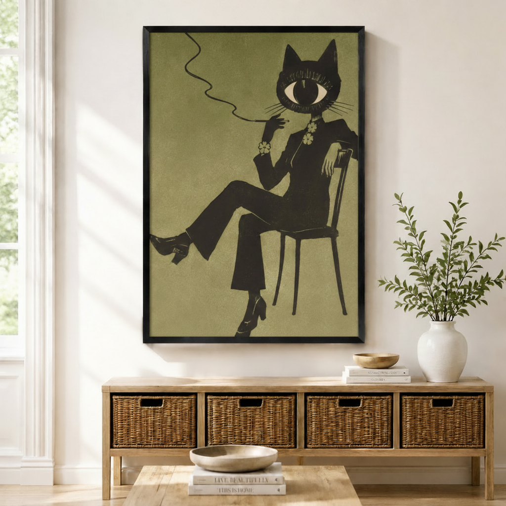 Large black framed retro surrealist cat art print mounted above a rattan storage console with white vases and greenery in a bright entryway