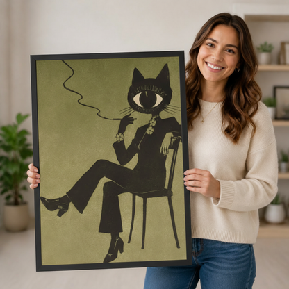 Woman holding a large black framed retro cat surrealist art print against a neutral indoor background with shelving and plants