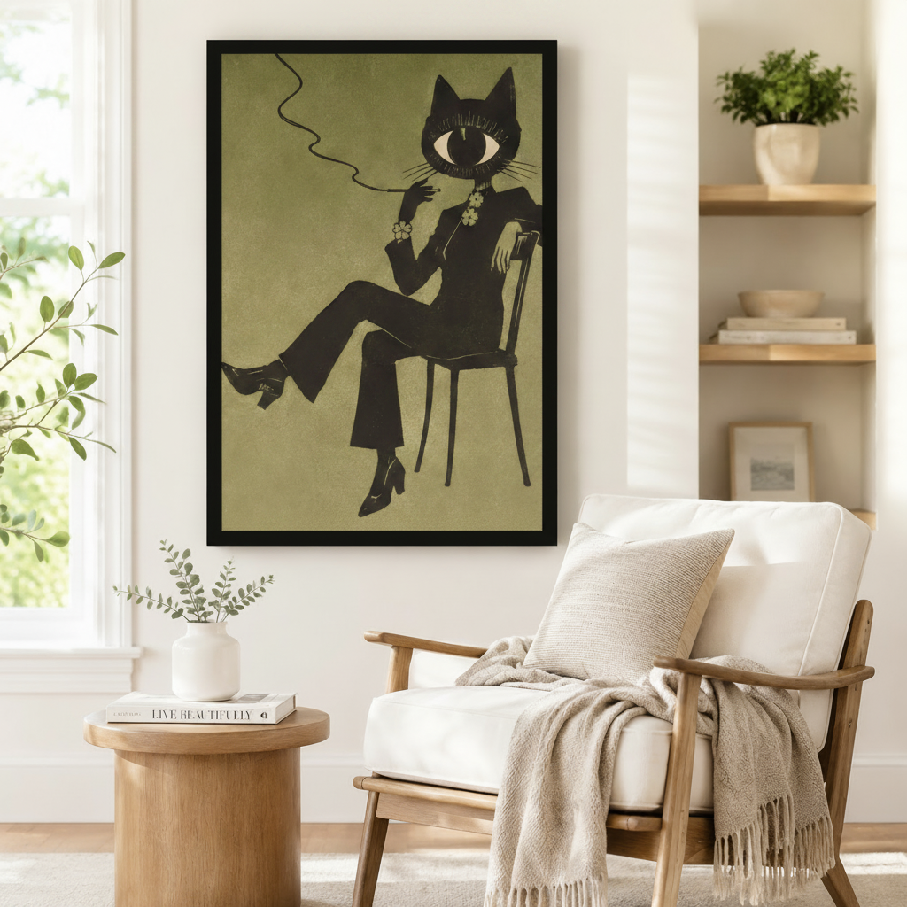 Black framed surrealist cat poster displayed above a white armchair with a linen throw blanket, wooden side table, and potted greenery