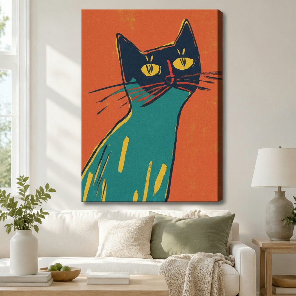 Stretched canvas wall art of a bold retro pop art teal cat close-up with a dark navy face, intense golden eyes, a red nose accent, and sweeping whiskers on a vivid burnt-orange background in graphic woodcut style, hung above a white sofa with sage green and cream pillows and a white ceramic table lamp in a bright airy living room
