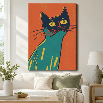 Stretched canvas wall art of a bold retro pop art teal cat close-up with a dark navy face, intense golden eyes, a red nose accent, and sweeping whiskers on a vivid burnt-orange background in graphic woodcut style, hung above a white sofa with sage green and cream pillows and a white ceramic table lamp in a bright airy living room