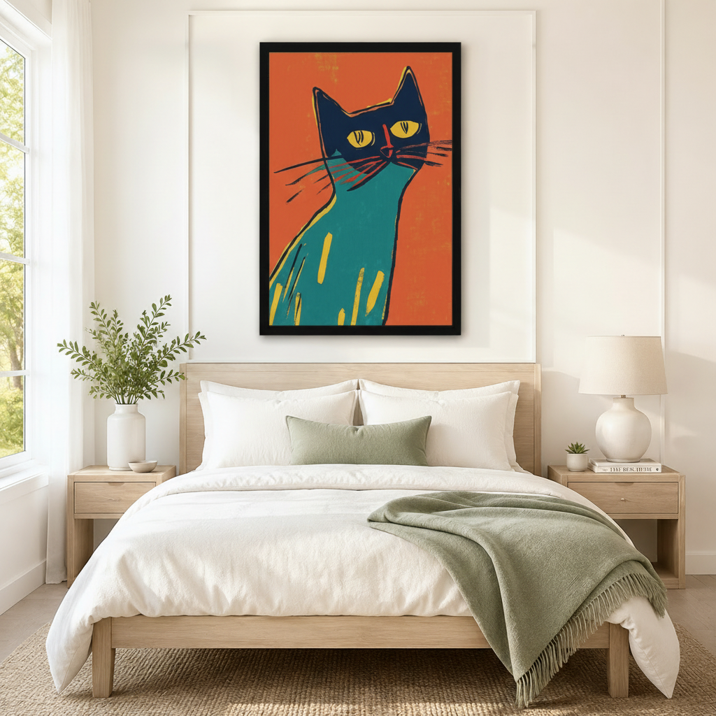 Black framed retro mid-century pop art teal cat portrait canvas art with a bold close-up of a slender teal cat with a dark navy head, intense yellow eyes, a red nose line, and long whiskers on a vivid orange-red woodcut-style background, hung above a wooden bed frame in a sun-drenched bedroom with crisp white linen bedding, a sage green accent pillow, matching round nightstand lamps, and a white ceramic vase of greenery