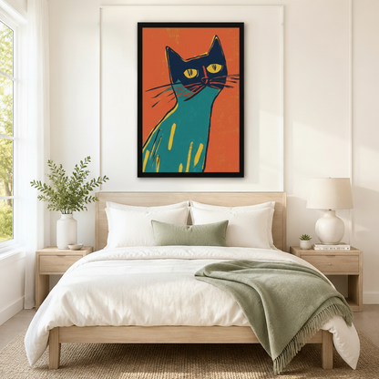 Black framed retro mid-century pop art teal cat portrait canvas art with a bold close-up of a slender teal cat with a dark navy head, intense yellow eyes, a red nose line, and long whiskers on a vivid orange-red woodcut-style background, hung above a wooden bed frame in a sun-drenched bedroom with crisp white linen bedding, a sage green accent pillow, matching round nightstand lamps, and a white ceramic vase of greenery