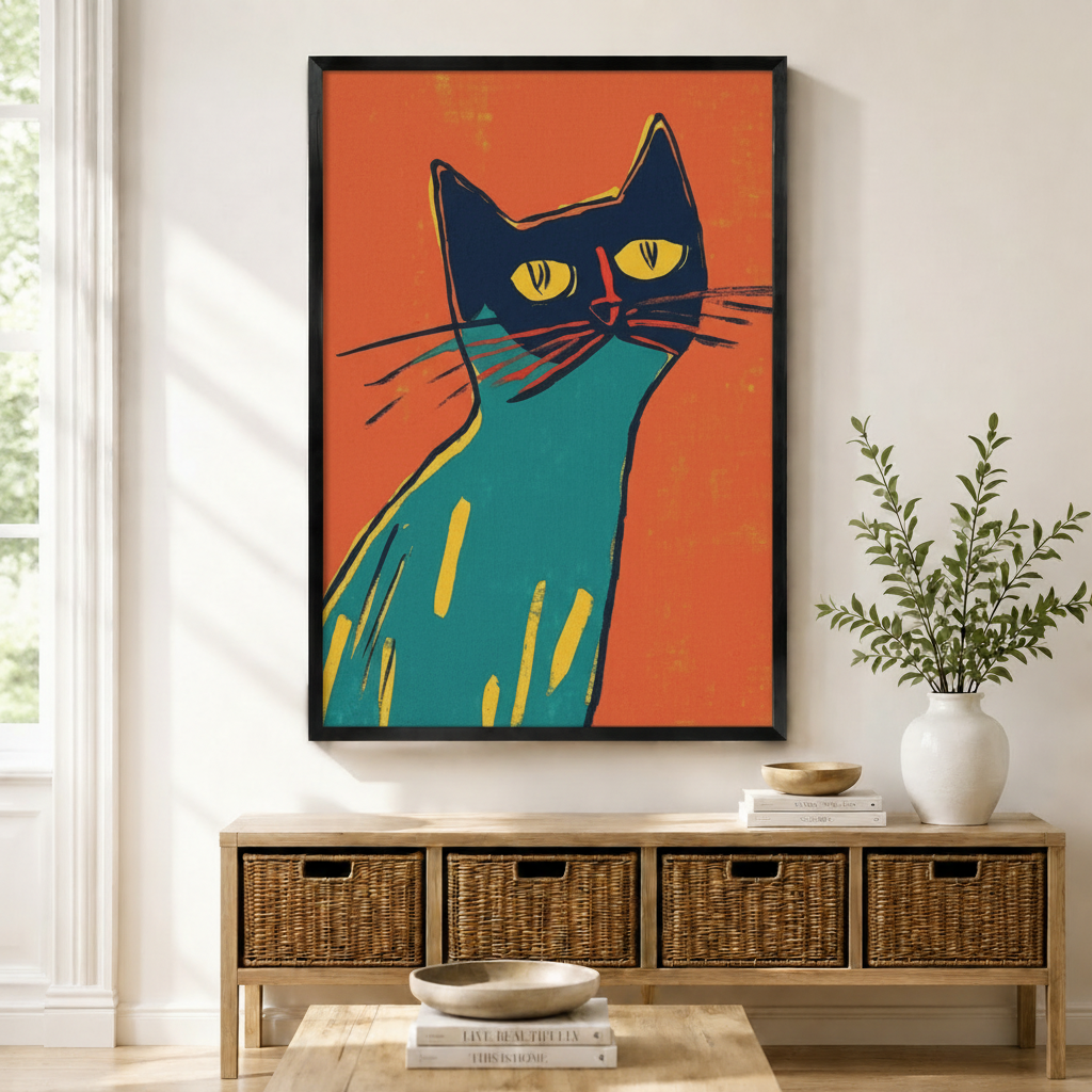 Black framed retro mid-century pop art teal cat portrait canvas art with a bold close-up of a slender teal cat with a dark navy head, glowing yellow eyes, a red nose line, and long whiskers on a vivid orange-red background in woodcut print texture, displayed on a white wall above a wooden rattan storage bench with a white ceramic vase of greenery and stacked books on the floor