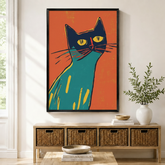 Black framed retro mid-century pop art teal cat portrait canvas art with a bold close-up of a slender teal cat with a dark navy head, glowing yellow eyes, a red nose line, and long whiskers on a vivid orange-red background in woodcut print texture, displayed on a white wall above a wooden rattan storage bench with a white ceramic vase of greenery and stacked books on the floor