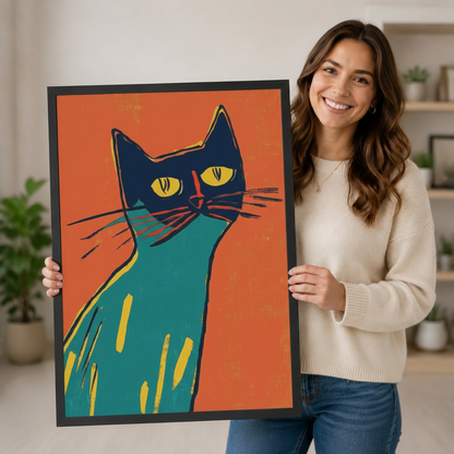 Smiling woman holding a large vertical black framed retro pop art teal cat portrait canvas art print showing a bold close-up of a teal cat with a dark navy face, glowing golden eyes, a red nose accent, and dramatic long whiskers on a vivid orange-red background in graphic woodcut style in a bright plant-filled room