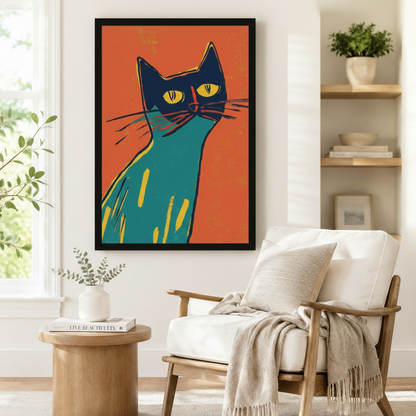 Black framed mid-century retro teal cat portrait canvas art showing a dramatic close-up of a slender teal-bodied cat with a dark navy head, piercing yellow eyes, red nose line, and long expressive whiskers on a bold orange-red background in woodcut print texture, displayed on a white wall beside a white wooden armchair with a cream throw and a round wood side table with books
