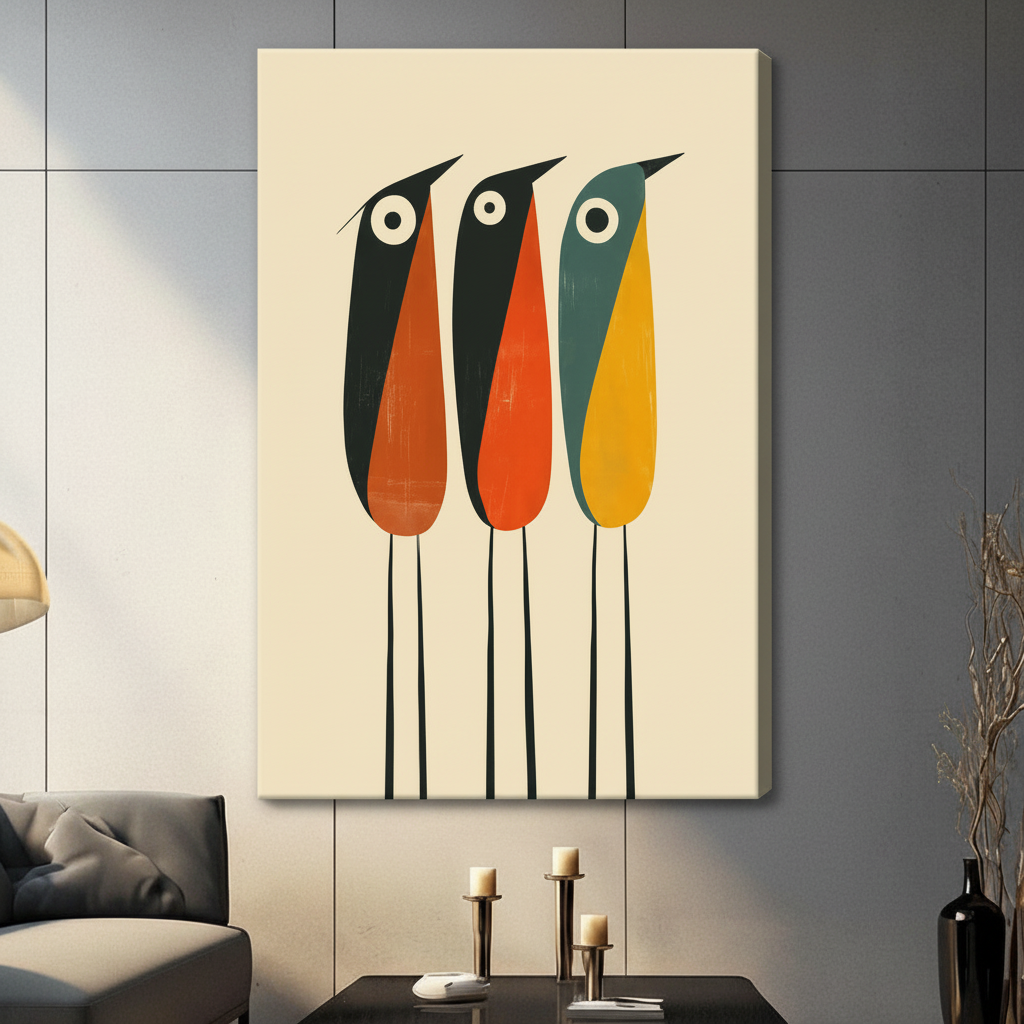 Unframed canvas print of three retro abstract birds with big round eyes in orange teal and yellow on a cream background hung in a modern grey living room