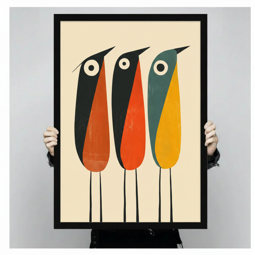 Person holding a large black framed mid-century three abstract birds art print showing print size scale with bold orange teal and yellow color block detail on cream background