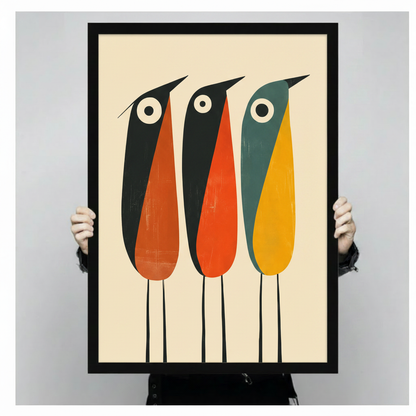 Person holding a large black framed mid-century three abstract birds art print showing print size scale with bold orange teal and yellow color block detail on cream background