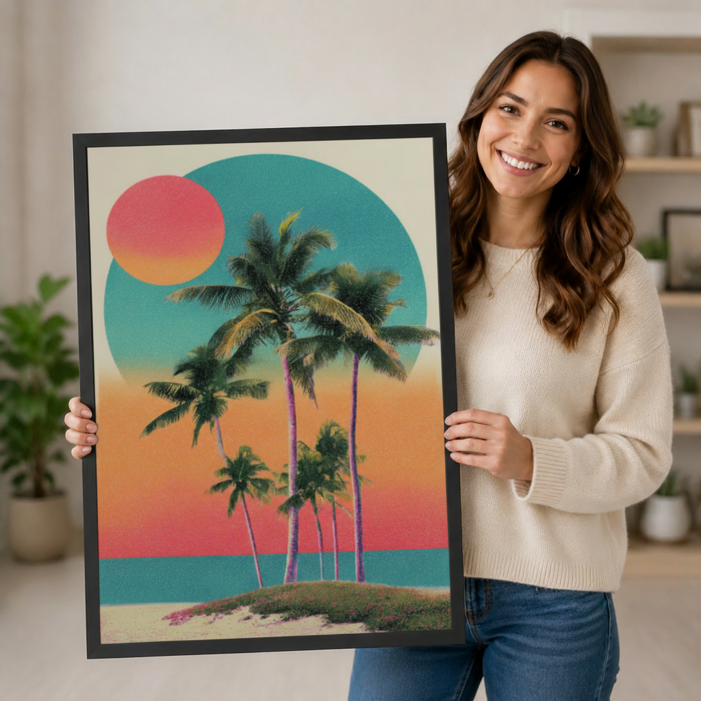 Woman holding large retro tropical palm sunset canvas print showing product size and premium black frame detail