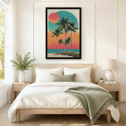 Bold retro tropical sunset palm canvas wall art above bed as statement piece in serene Scandinavian-style bedroom