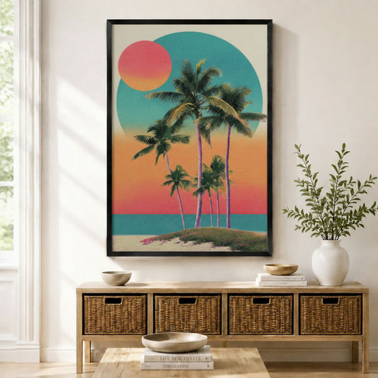 Retro tropical palm tree sunset framed canvas wall art displayed above rattan console in bright American entryway