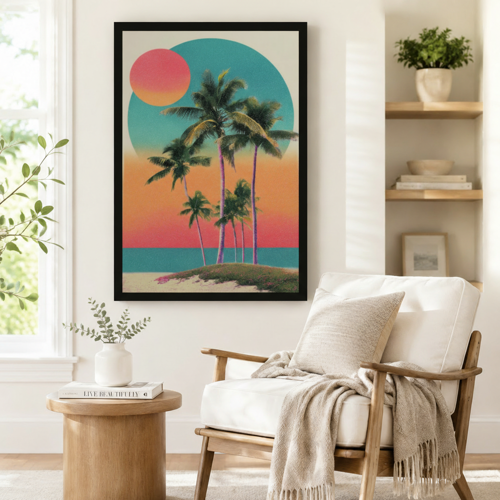 Tropical palm tree sunset framed canvas art on white wall beside armchair in bright boho reading nook