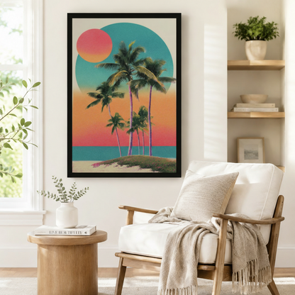 Tropical palm tree sunset framed canvas art on white wall beside armchair in bright boho reading nook