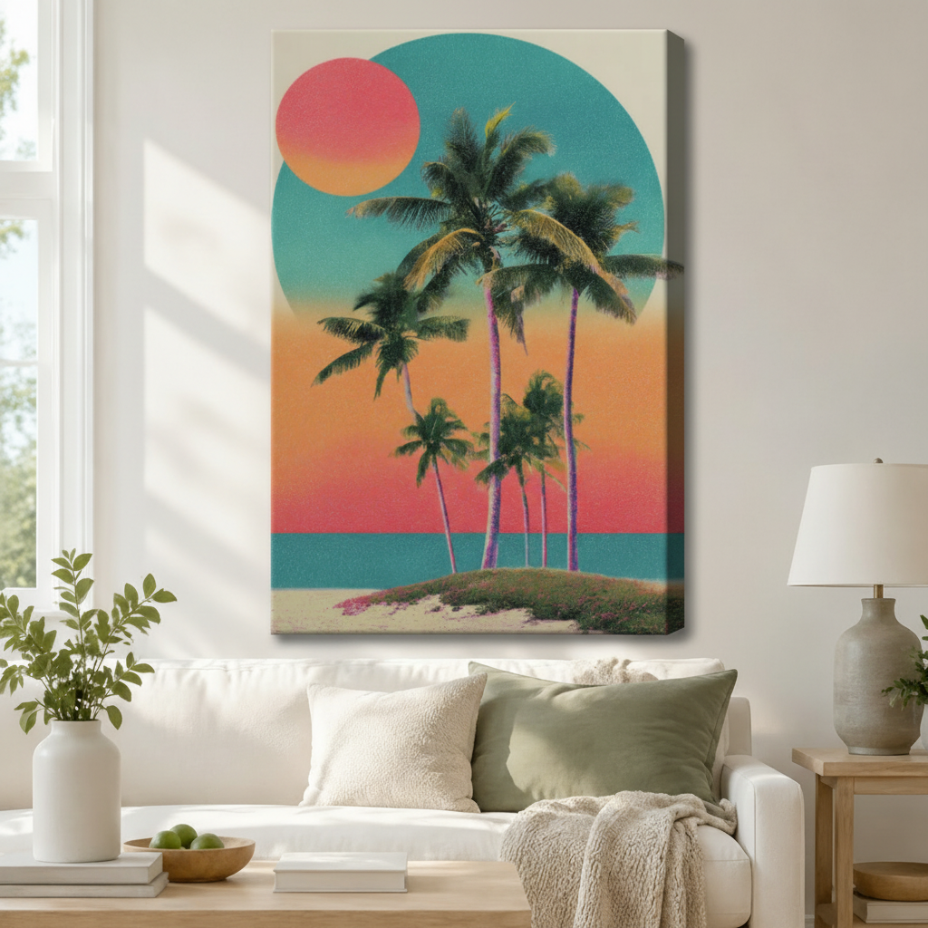 Vibrant retro palm sunset stretched canvas print hung above white sofa in modern coastal American living room