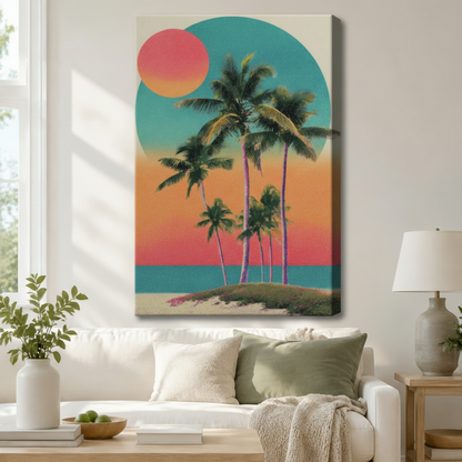 Vibrant retro palm sunset stretched canvas print hung above white sofa in modern coastal American living room
