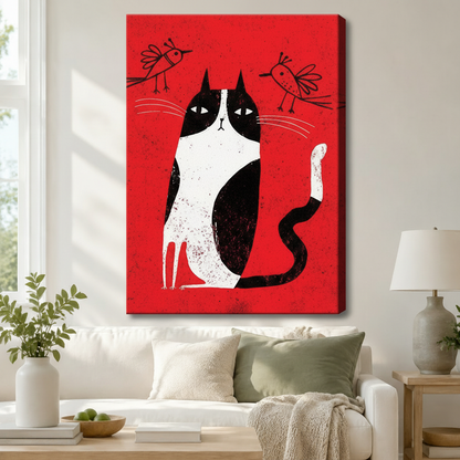 Stretched canvas wall art of a mid-century graphic tuxedo cat with a cool indifferent expression sitting beneath two whimsical line-drawn birds on a bold red background with a vintage grainy texture, hung above a white sofa with sage green and cream pillows and a white ceramic table lamp in a bright airy living room