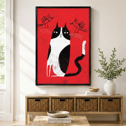 Black framed retro folk art tuxedo cat and two birds canvas art with a black and white cat sitting upright with a deadpan expression and two small line-drawn birds perched above on a vivid red background with a distressed grain texture, displayed on a light wall above a wooden rattan storage bench with a white ceramic vase of greenery and stacked books on the floor