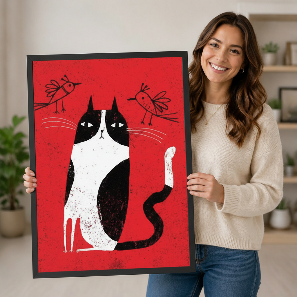 Smiling woman holding a large vertical black framed retro mid-century tuxedo cat and birds canvas art print showing a black and white cat with a calm expression and two line-drawn birds perched above on a bold red grainy background in a bright plant-filled room