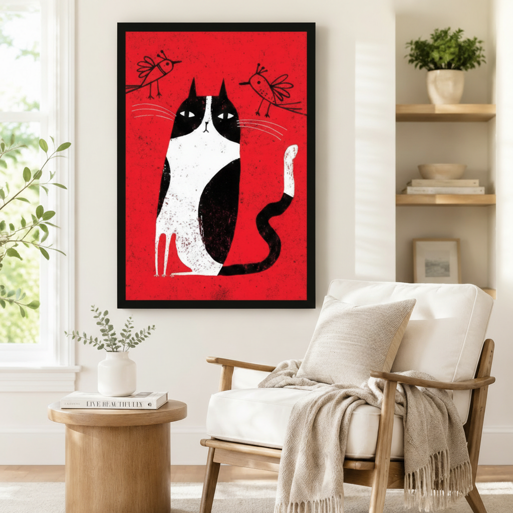 Black framed retro folk art black and white tuxedo cat canvas art showing a stoic cat seated upright with two small sketched birds hovering above on a vivid red distressed background, displayed on a white wall beside a white wooden armchair with a cream fringed throw and a round wood side table with books