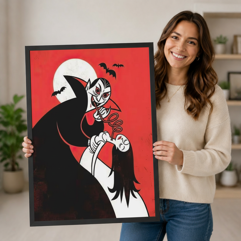 Smiling woman holding a large framed retro cartoon vampire wall art print with bold red background and full moon showing artwork size and vivid color detail