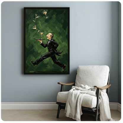 Humorous retro waiter with mustache dashing across canvas balancing tray of spilling martini glasses dark green oil painting framed art poster displayed beside a wooden armchair with white draped throw blanket against a soft blue-gray wall