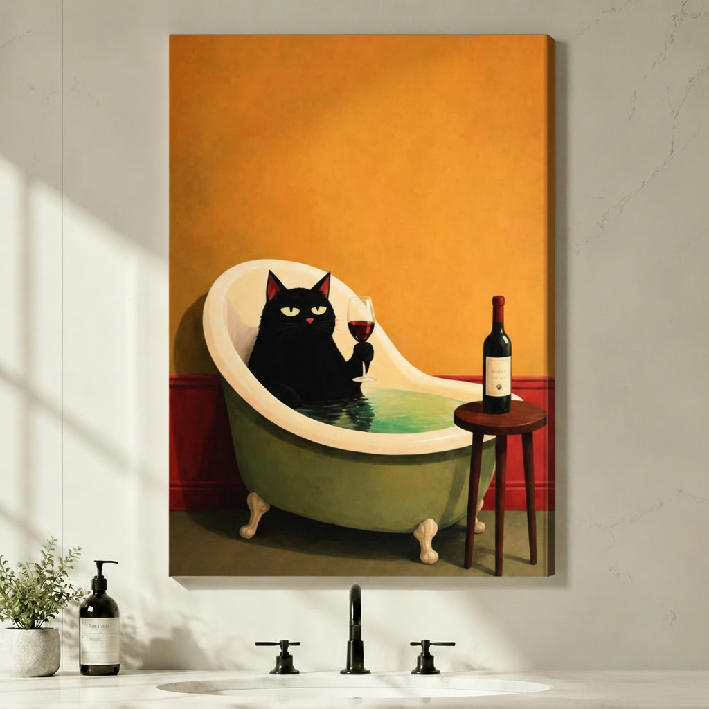 Stretched canvas wall art of a vintage-style black cat relaxing in a teal clawfoot bathtub sipping red wine with a bottle on a wooden stool against a golden orange wall with red trim, hung on a white marble bathroom wall above a modern black faucet with soap dispenser and greenery