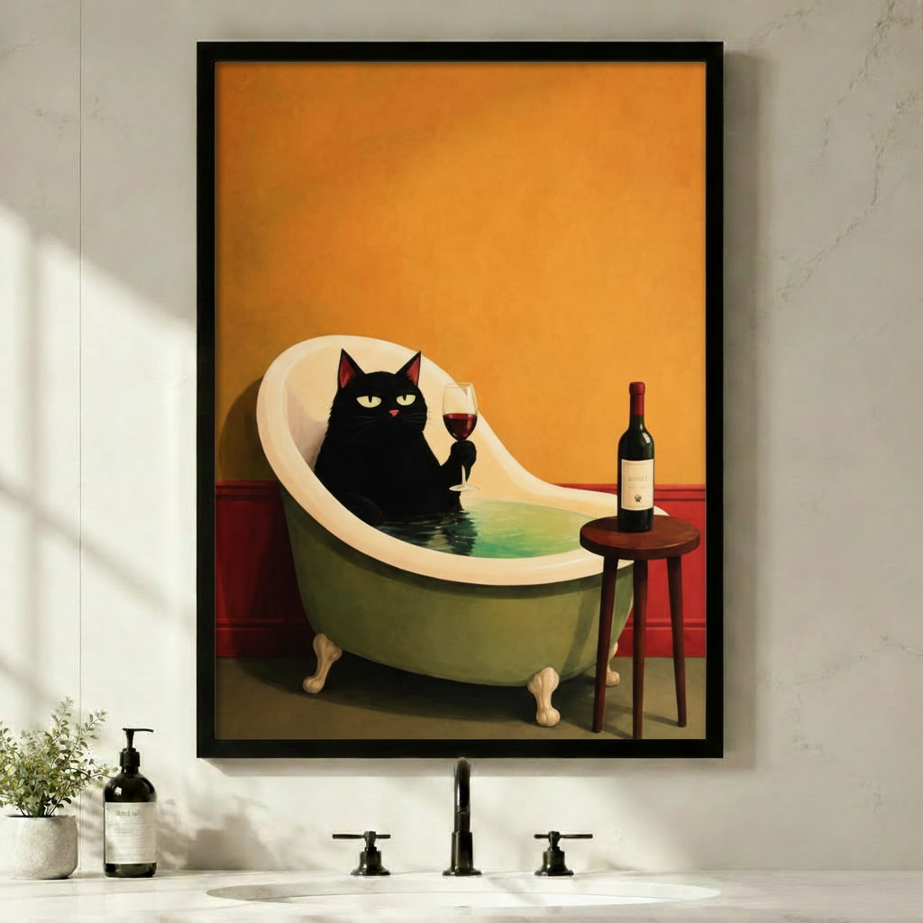 Black framed retro black cat drinking wine in a bathtub canvas art with a green-eyed black cat lounging in a teal clawfoot tub holding a glass of red wine beside a wooden stool with a wine bottle against a warm orange wall with red wainscoting, displayed on a white marble bathroom wall above a black faucet with a soap dispenser and small potted plant