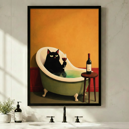 Black framed retro black cat drinking wine in a bathtub canvas art with a green-eyed black cat lounging in a teal clawfoot tub holding a glass of red wine beside a wooden stool with a wine bottle against a warm orange wall with red wainscoting, displayed on a white marble bathroom wall above a black faucet with a soap dispenser and small potted plant