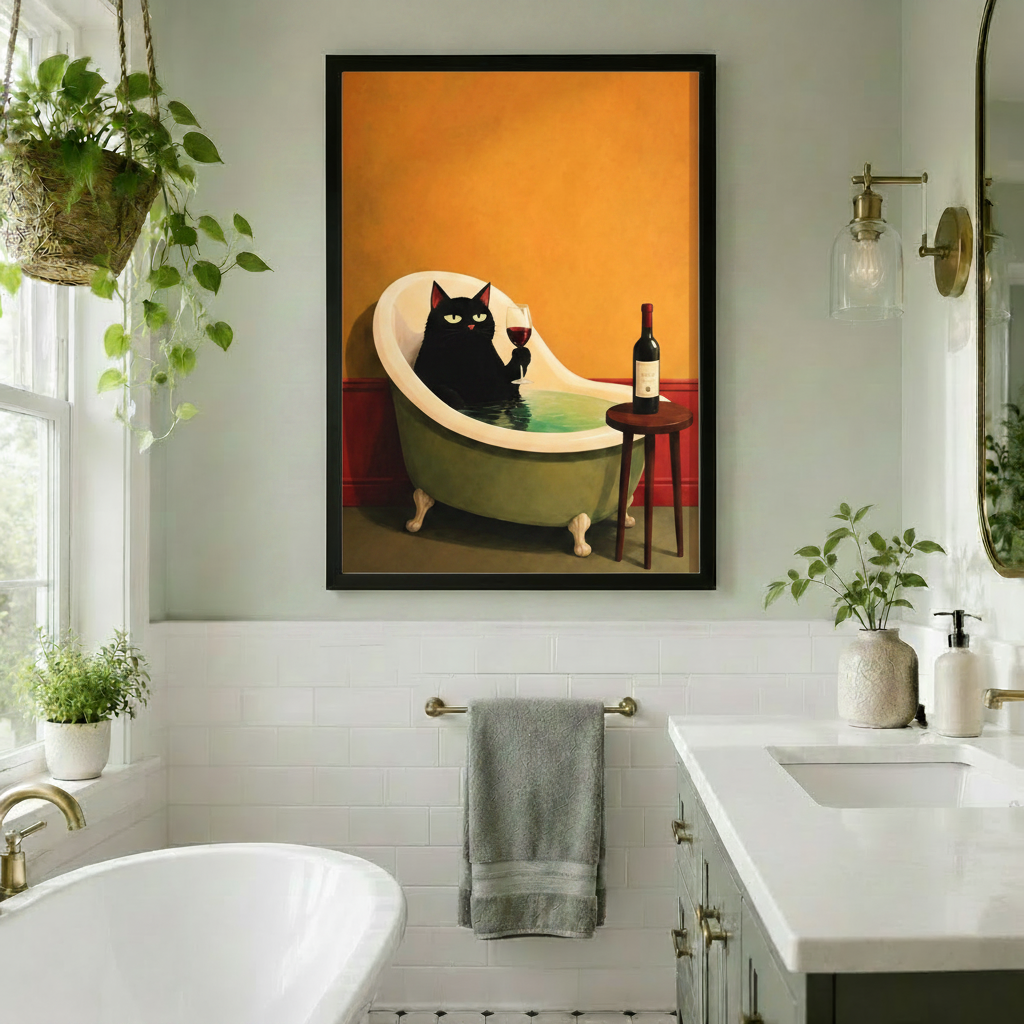 Black framed retro black cat sipping wine in a clawfoot bathtub canvas art with a green-eyed cat, a glass of red wine, and a bottle on a wooden stool against a warm orange wall with red wainscoting, displayed in a bright white bathroom with hanging pothos plant, brass wall sconce, freestanding tub, and towel bar