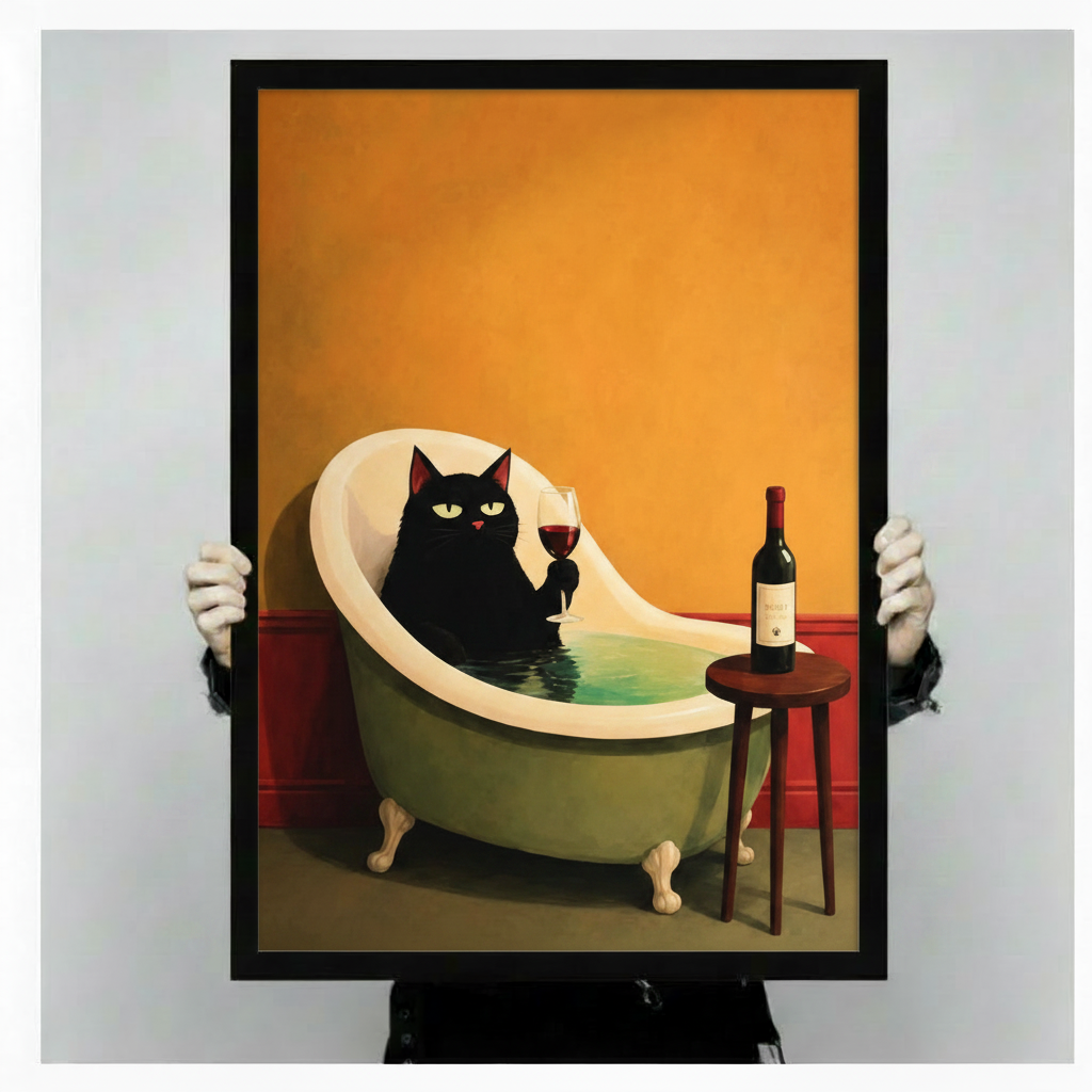 Person holding a large vertical black framed retro black cat drinking wine in a bathtub canvas art print showing a poised black cat lounging in a teal clawfoot tub with a glass of red wine and a bottle on a wooden stool against a warm orange and red background in a light gray studio setting