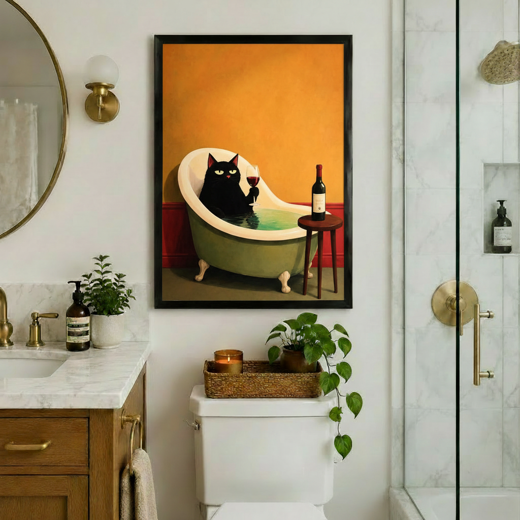 Black framed vintage black cat with wine in bathtub canvas art featuring an elegant green-eyed cat soaking in a teal clawfoot tub holding a wine glass beside a bottle on a wooden stool against a warm orange wall, displayed in a stylish bathroom above a toilet with brass fixtures, round mirror, wooden marble vanity, trailing pothos plant, and glass shower enclosure