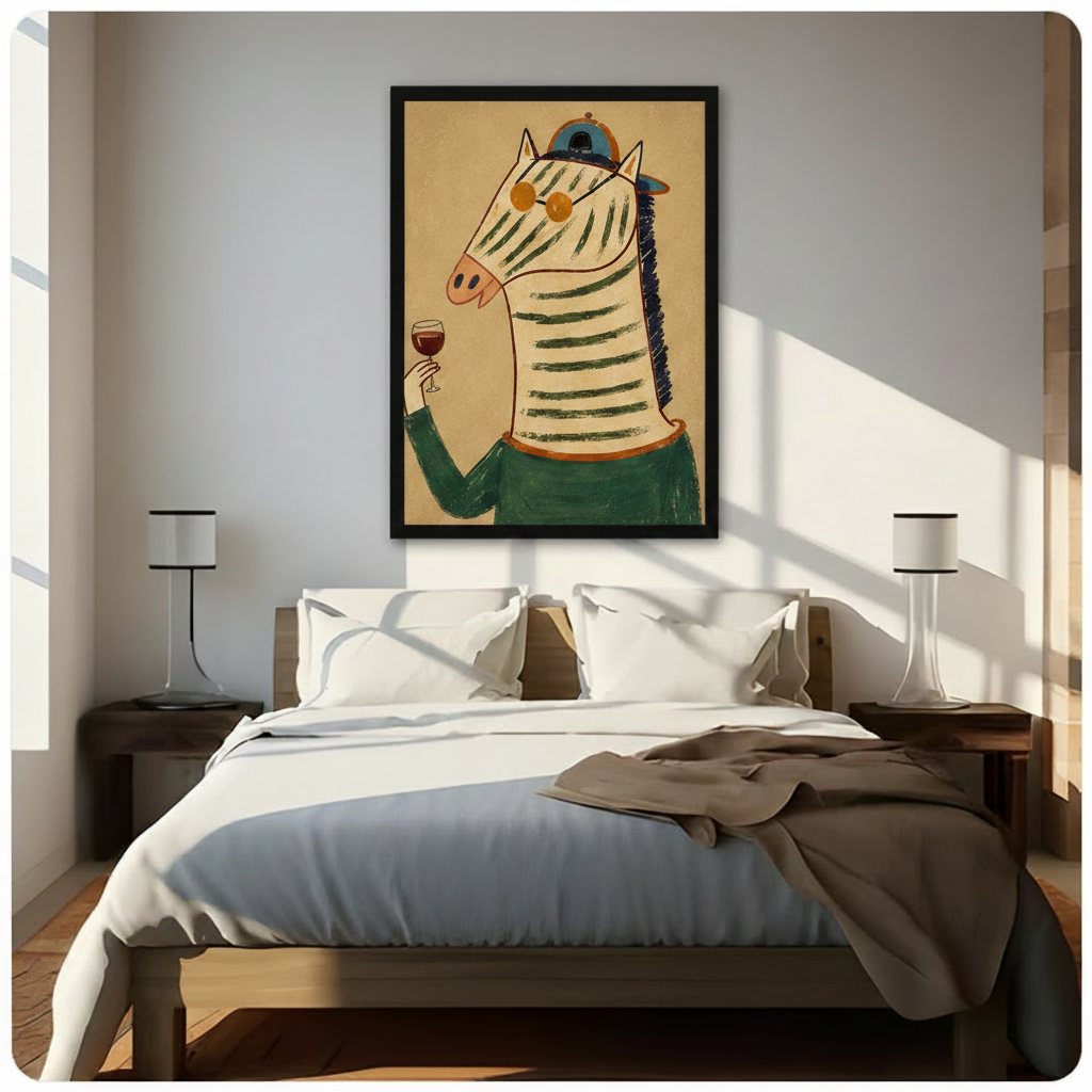 Retro zebra in teal cap and amber sunglasses holding red wine glass, black float frame canvas art above wooden bed with white bedding and two cylinder table lamps, diagonal sunlight on gray wall