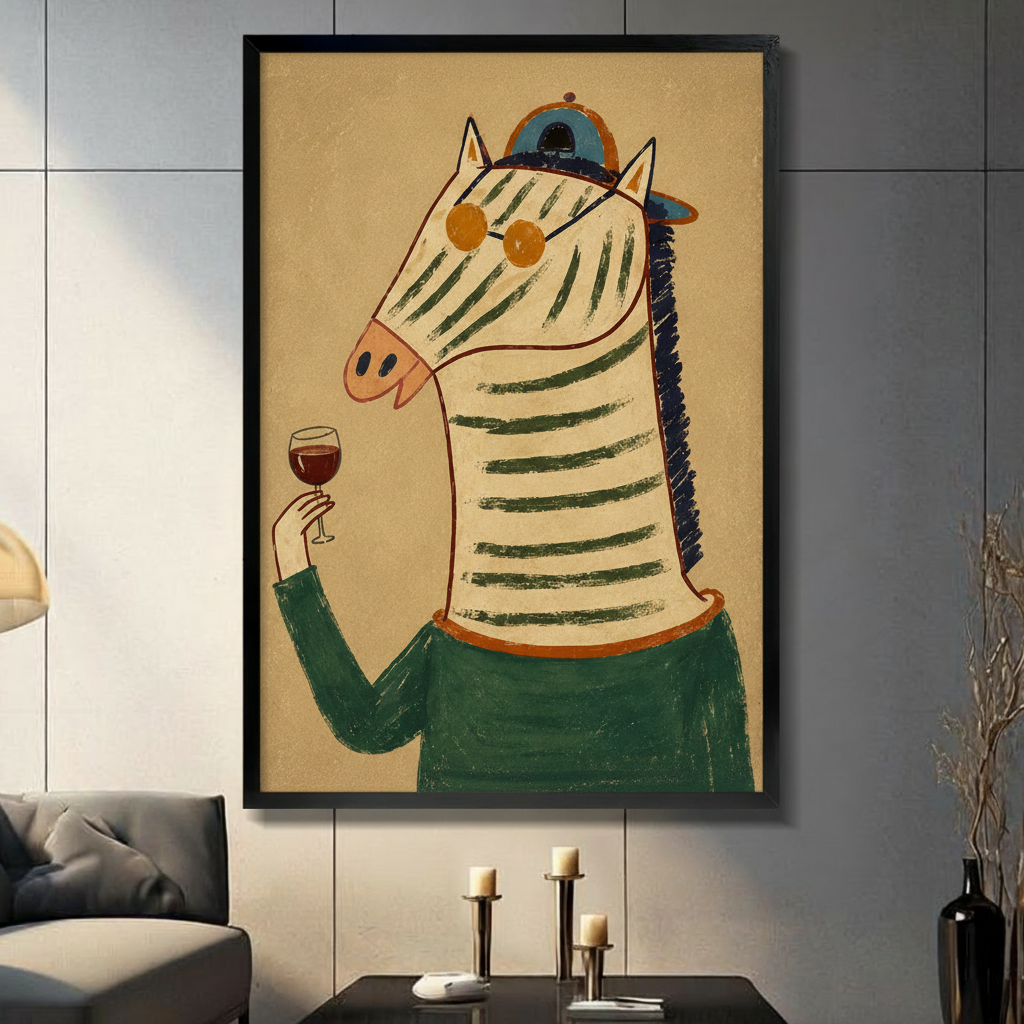 Funky zebra in green sweater with teal cap raising red wine glass, black float frame canvas on gray tile wall above dark console table with pillar candles and dried branches, gray sofa visible