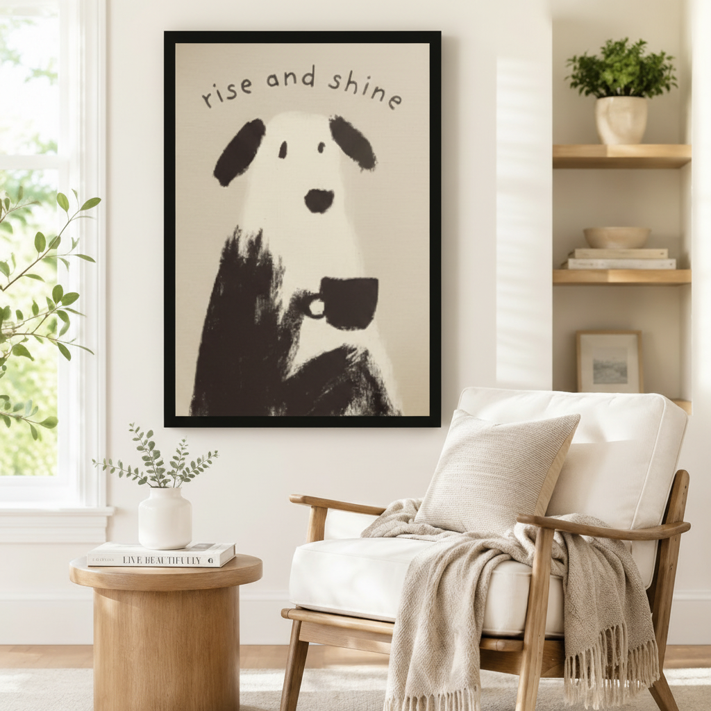 Black framed dog wall art print with "rise and shine" typography, styled above a wooden armchair in a minimalist Scandinavian reading corner