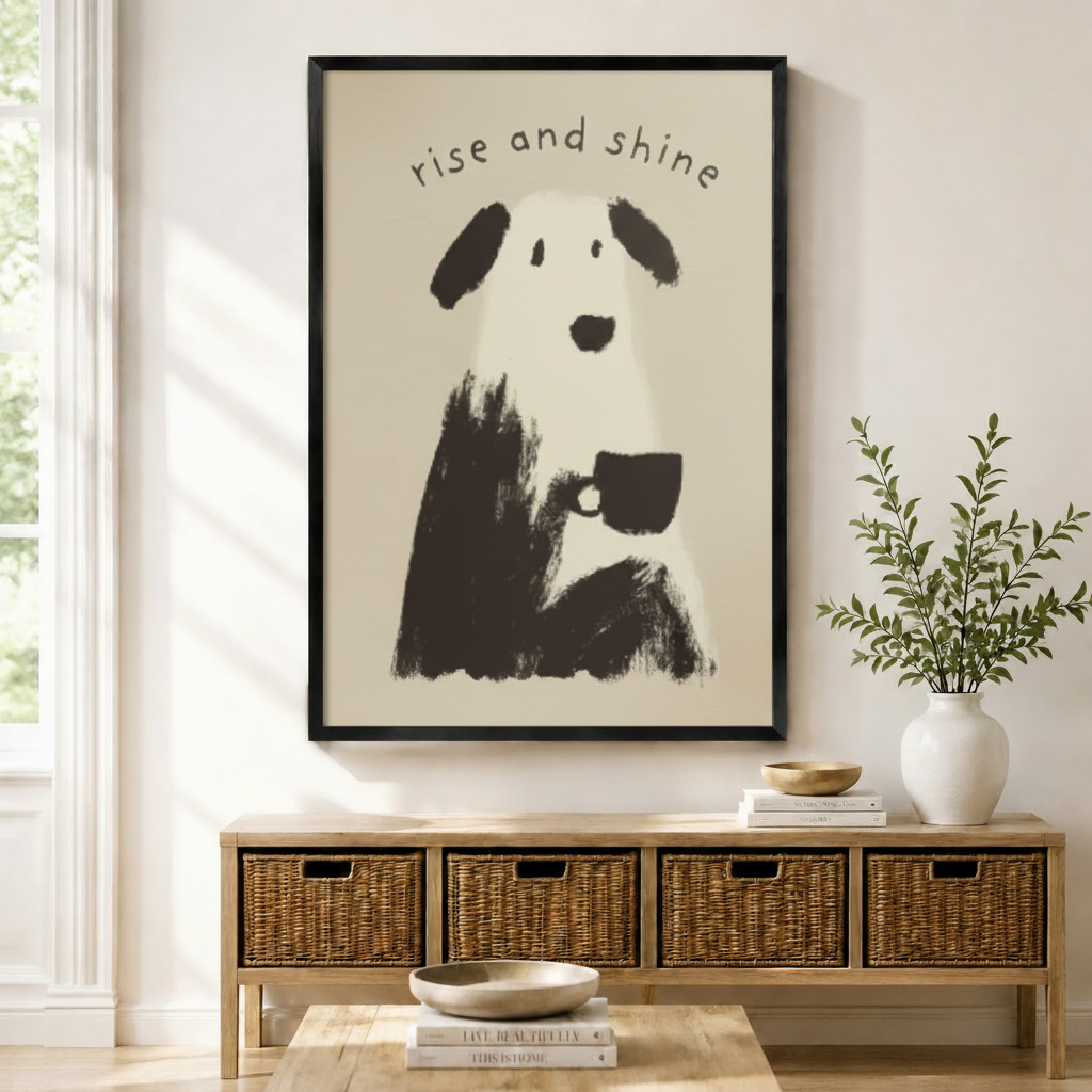 Framed wall art of a whimsical dog holding a coffee cup with "rise and shine" text, displayed above a rattan storage bench in a bright entryway