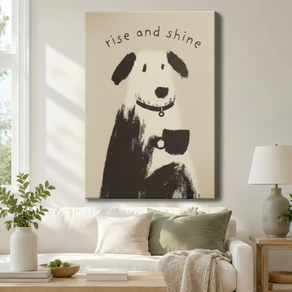 Gallery wrapped canvas print featuring an abstract brushstroke dog with coffee mug and "rise and shine" quote, hung above a white sofa in a cozy living room