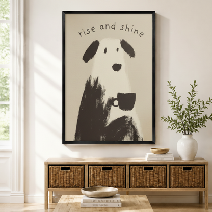 Framed wall art of a whimsical dog holding a coffee cup with "rise and shine" text, displayed above a rattan storage bench in a bright entryway