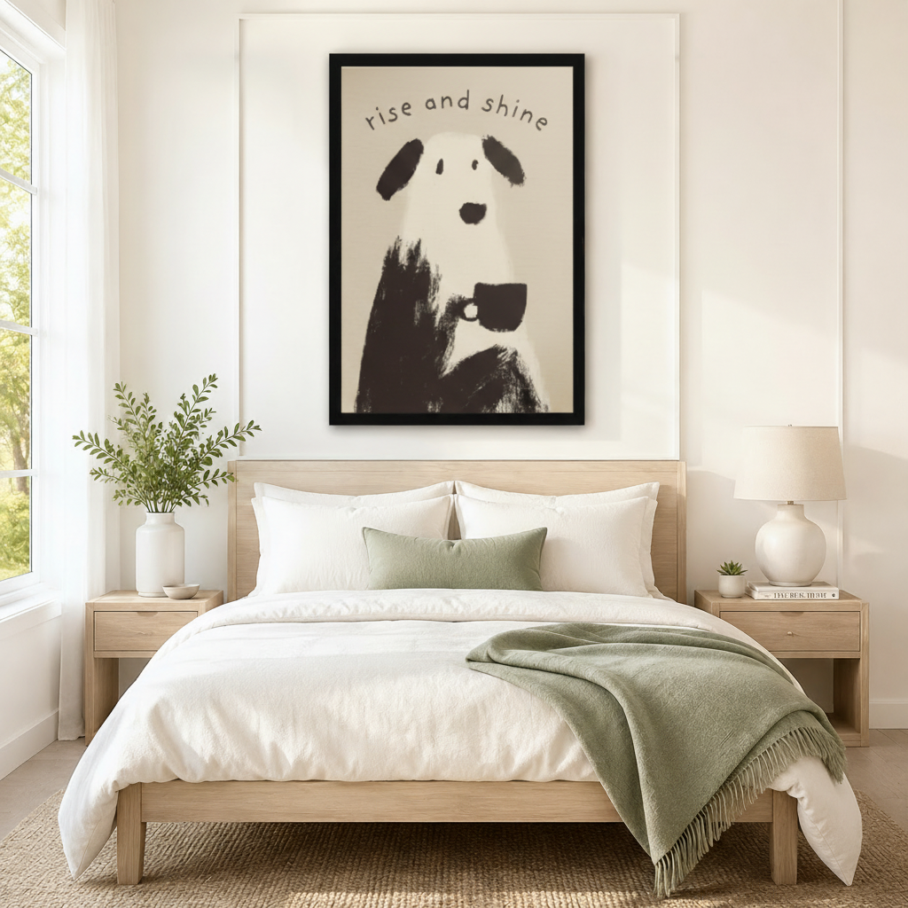 Large black framed wall art of an illustrated dog holding a coffee cup with "rise and shine" text, centered above a neutral linen bed in a serene bedroom