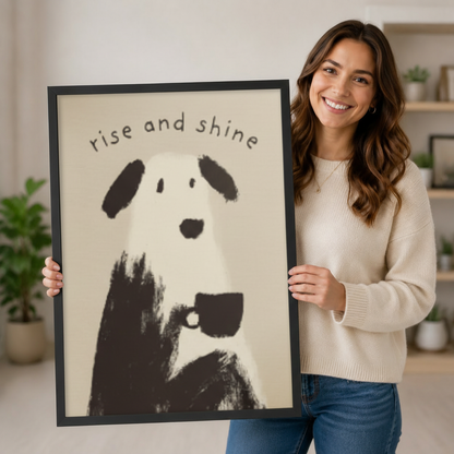 Woman holding a large black framed canvas print of a charcoal brushstroke dog drinking coffee with "rise and shine" lettering, shown for size reference