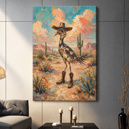 Textured oil painting style illustration of a roadrunner bird wearing a brown cowboy hat and leather boots standing confidently in a desert landscape with saguaro cacti colorful wildflowers and a warm peach and teal sky western funny bird wall art stretched canvas dark panel wall living room