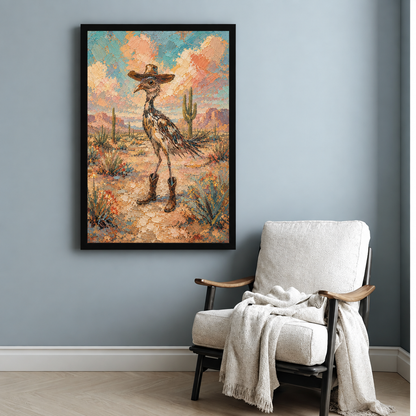 Textured oil painting style illustration of a roadrunner bird wearing a brown cowboy hat and leather boots standing confidently in a desert landscape with saguaro cacti colorful wildflowers and a warm peach and teal sky western funny bird wall art framed print beside armchair blue-gray wall