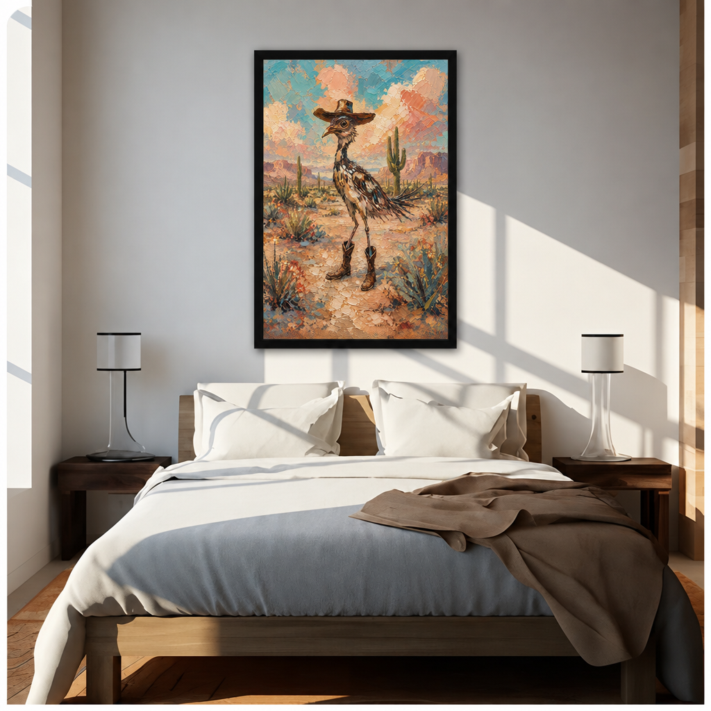 Textured oil painting style illustration of a roadrunner bird wearing a brown cowboy hat and leather boots standing confidently in a desert landscape with saguaro cacti colorful wildflowers and a warm peach and teal sky western funny bird wall art framed print above bed sunlit bedroom