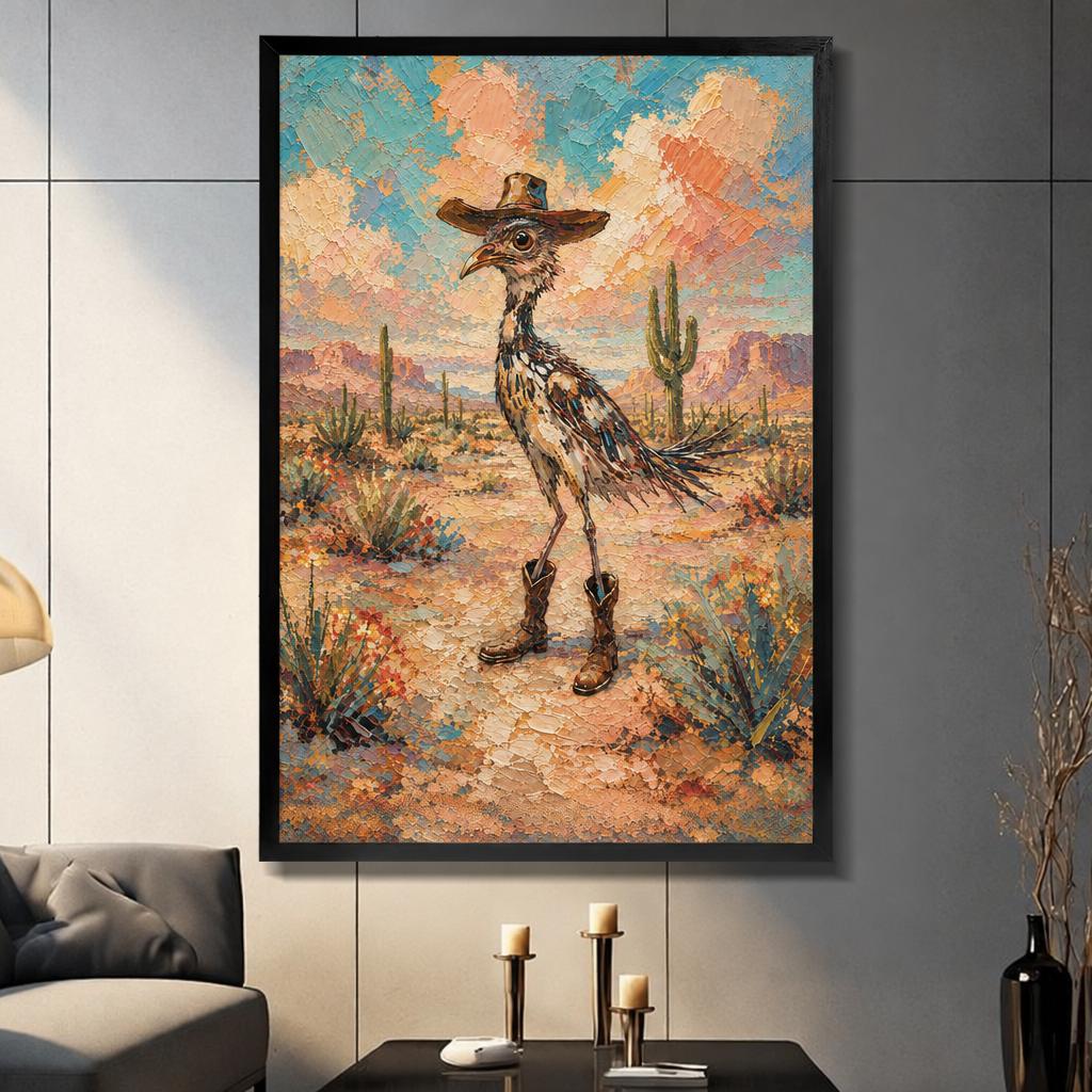 Textured oil painting style illustration of a roadrunner bird wearing a brown cowboy hat and leather boots standing confidently in a desert landscape with saguaro cacti colorful wildflowers and a warm peach and teal sky western funny bird wall art framed print dark panel wall living room