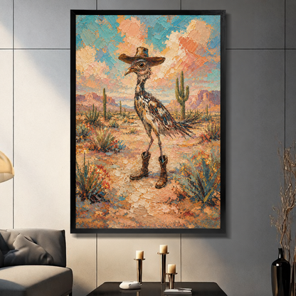 Textured oil painting style illustration of a roadrunner bird wearing a brown cowboy hat and leather boots standing confidently in a desert landscape with saguaro cacti colorful wildflowers and a warm peach and teal sky western funny bird wall art framed print dark panel wall living room
