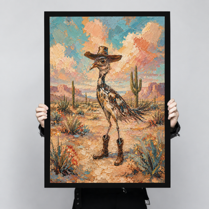 Textured oil painting style illustration of a roadrunner bird wearing a brown cowboy hat and leather boots standing confidently in a desert landscape with saguaro cacti colorful wildflowers and a warm peach and teal sky western funny bird wall art framed print held up
