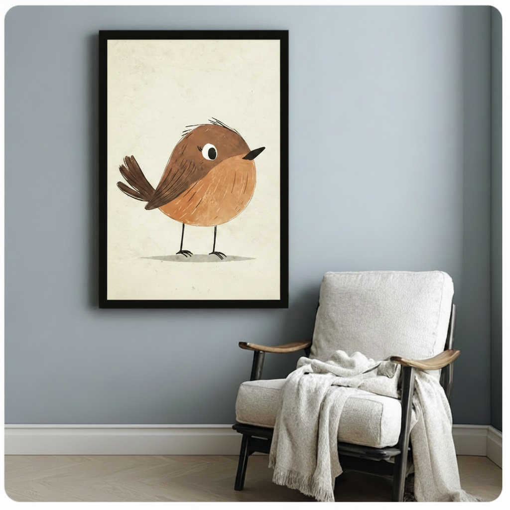 Minimalist robin bird framed art print hanging on blue-grey wall above cozy armchair with throw blanket