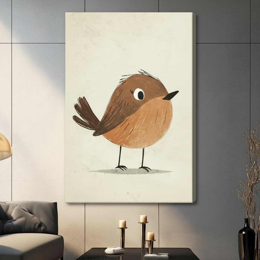 Whimsical round robin bird canvas wall art displayed in contemporary living room with neutral decor